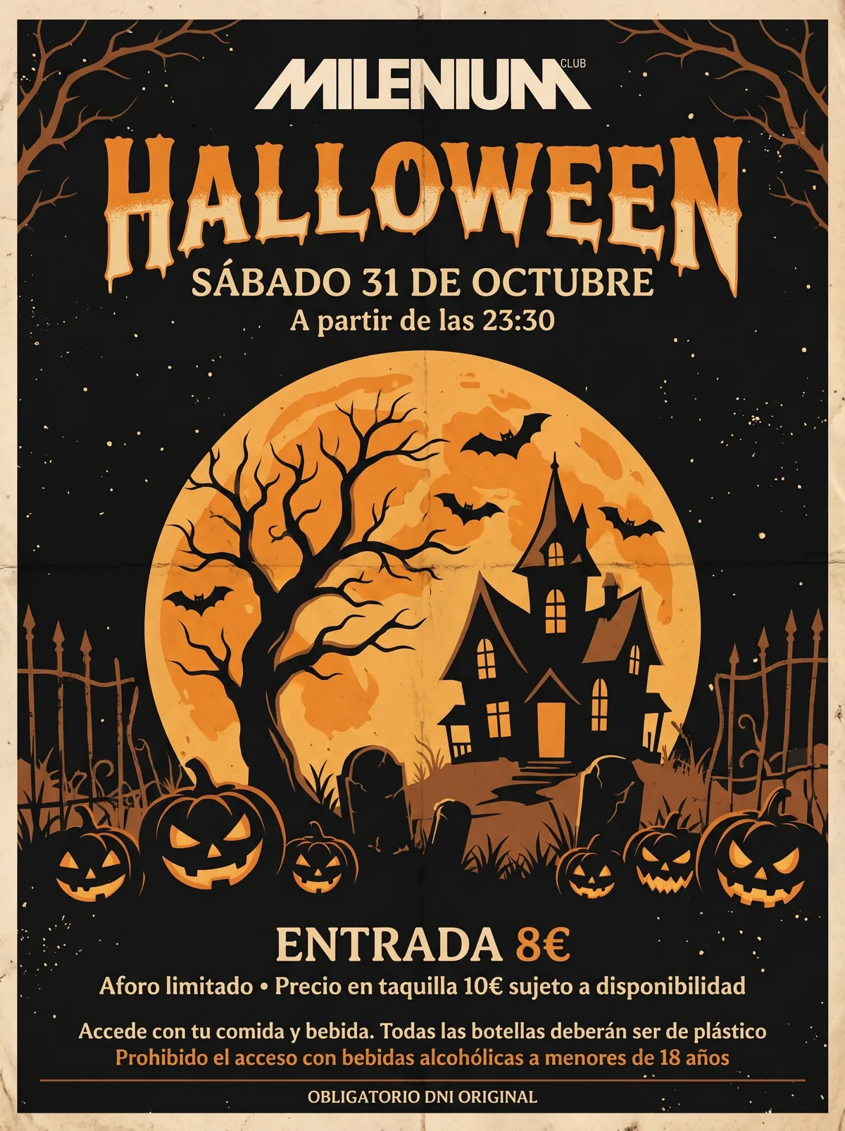Cartel de Halloween en Milenium Club: sábado 31 de octubre a partir de las 23:30, entrada 8 euros
